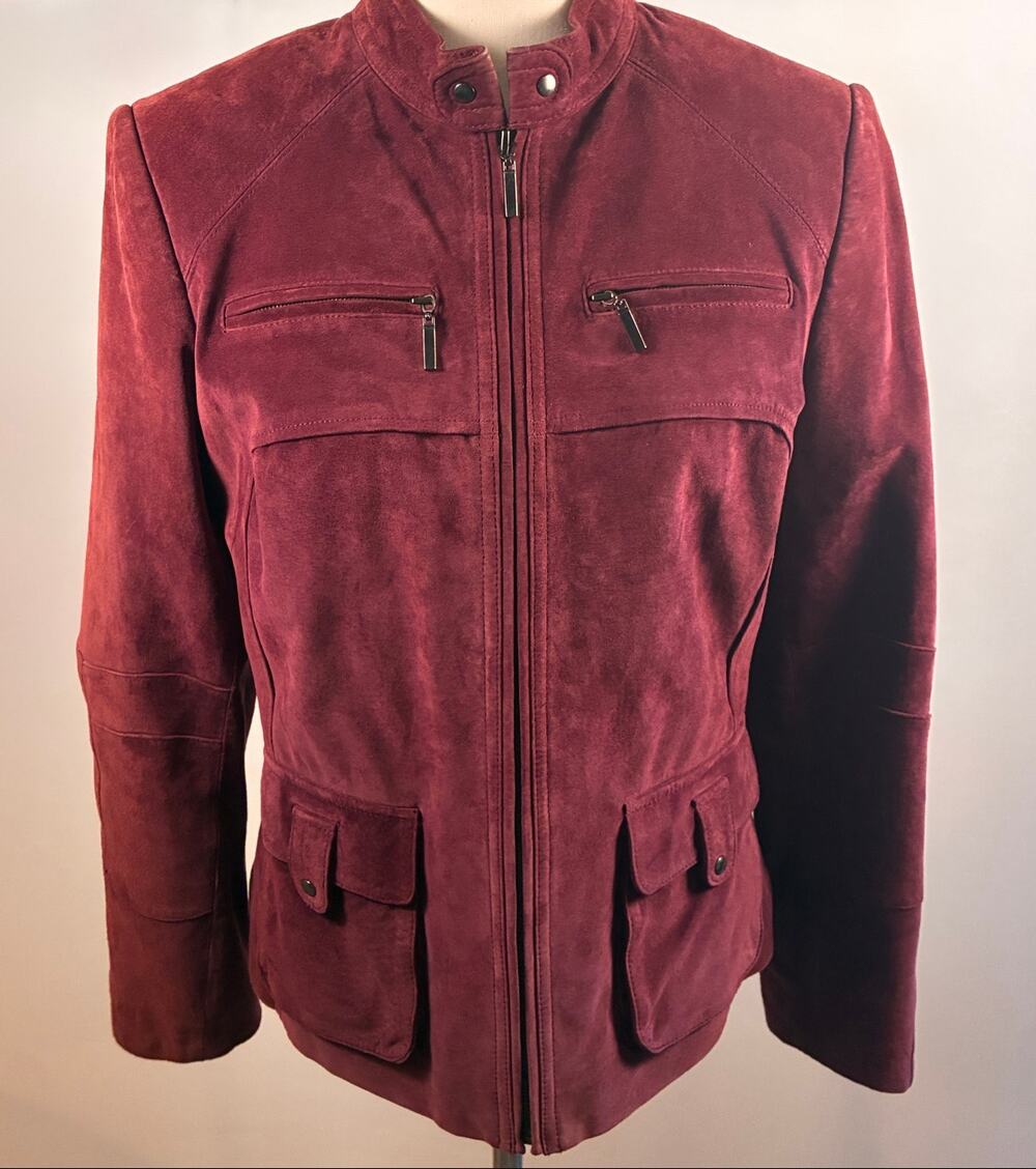 Alfani Genuine Leather Zip Jacket Women's M Burgundy Oxblood Moto Utility
